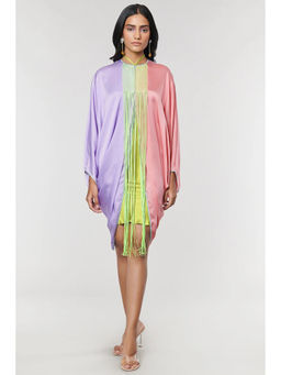 Wendell Rodricks - Pink Half N Half Fringe Yoke Dress with Inner (Set of 2)