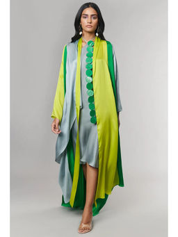 Wendell Rodricks - Green Scalloped Detailed Cape with Dress (Set of 2)