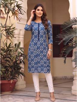 Rangita - Women Indigo Printed Lace Work Kurta