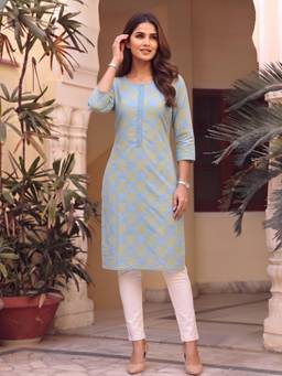 Rangita - Women Blue Printed Lace Work Kurta