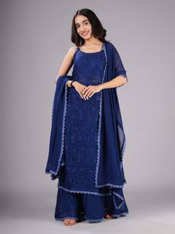 Colorkosh - Women Navy Blue Floral Chikankari Kurta with Palazzo and Dupatta