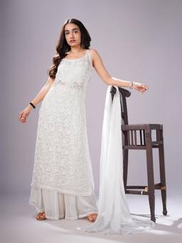 Colorkosh - Women White Floral Chikankari Kurta with Palazzo and Dupatta