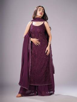 Colorkosh - Women Wine Floral Chikankari Kurta with Palazzo and Dupatta