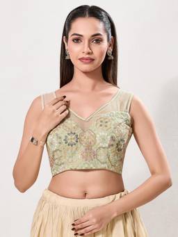 VAMAS - THE DESIGNER BLOUSES - Women Green Embroidered Sequined Work Padded Stitched Blouse