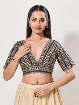 VAMAS - THE DESIGNER BLOUSES - Women Navy Blue Embroidered Sequined Work Padded Stitched Blouse