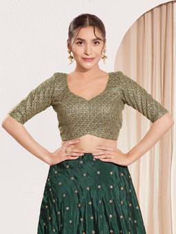 VAMAS - THE DESIGNER BLOUSES - Women Green Embroidered Thread Work Padded Stitched Blouse