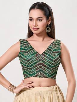 VAMAS - THE DESIGNER BLOUSES - Women Green Sequined Work Padded Stitched Blouse