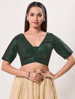 VAMAS - THE DESIGNER BLOUSES - Women Green Sequined Work Padded Stitched Blouse