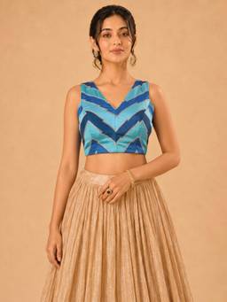 VAMAS - THE DESIGNER BLOUSES - Women Blue Stripes Zari Work Padded Stitched Blouse