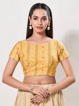 VAMAS - THE DESIGNER BLOUSES - Women Yellow Printed Bandhani Padded Stitched Blouse