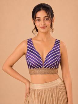 VAMAS - THE DESIGNER BLOUSES - Women Purple Stripes Lace Work Padded Stitched Blouse