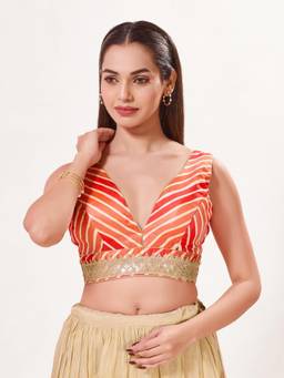 VAMAS - THE DESIGNER BLOUSES - Women Orange Stripes Lace Work Padded Stitched Blouse