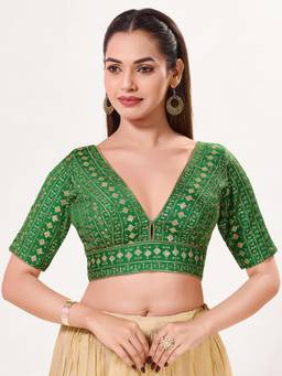 VAMAS - THE DESIGNER BLOUSES - Women Green Embroidered Sequined Work Padded Stitched Blouse