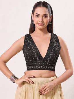 VAMAS - THE DESIGNER BLOUSES - Women Black Embroidered Sequined Work Padded Stitched Blouse