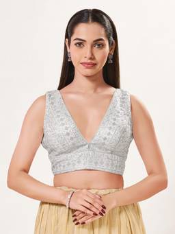 VAMAS - THE DESIGNER BLOUSES - Women Silver Embroidered Sequined Work Padded Stitched Blouse