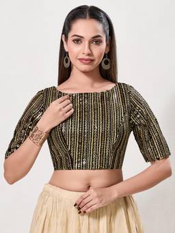 VAMAS - THE DESIGNER BLOUSES - Women Black Embroidered Sequined Work Padded Stitched Blouse