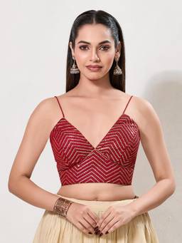 VAMAS - THE DESIGNER BLOUSES - Women Maroon Sequined Work Padded Stitched Blouse