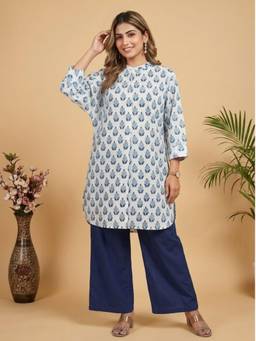 Indisangam - Women Blue-White Floral Printed Kurta with Palazzo