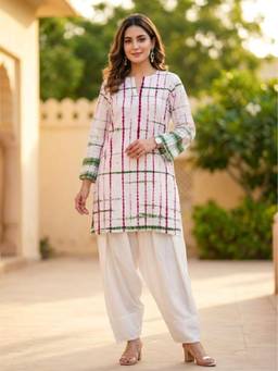 Indisangam - Women Off White Tie-Dye Printed Kurta with Salwar