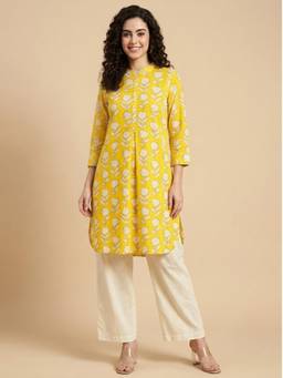 Indisangam - Women Yellow Floral Printed Kurta with Pant