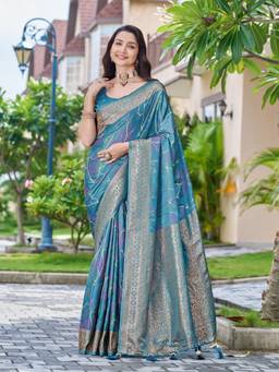 Manohari - Women Teal Silk Jacquard Zari Work Woven Saree
