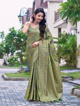 Manohari - Women Green Silk Jacquard Zari Work Woven Saree