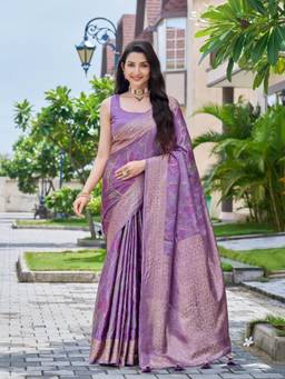 Manohari - Women Purple Silk Jacquard Zari Work Woven Saree