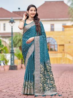 Manohari - Women Teal Silk Jacquard Floral Woven Saree