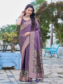 Manohari - Women Purple Silk Jacquard Floral Woven Saree