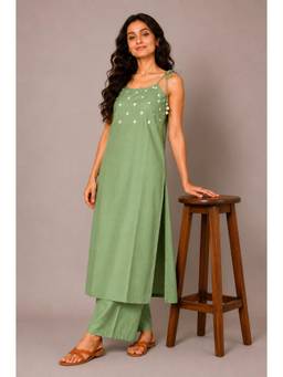 Colorkosh - Women Green Embroidered Mirror Work Kurta with Palazzo