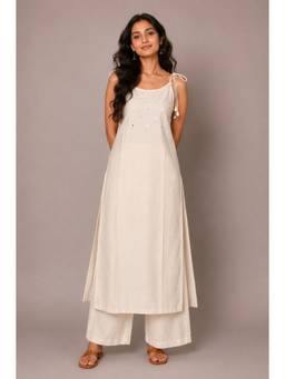 Colorkosh - Women Off White Embroidered Mirror Work Kurta with Palazzo
