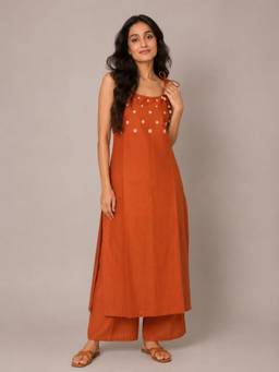 Colorkosh - Women Rust Embroidered Mirror Work Kurta with Palazzo