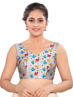 VAMAS - THE DESIGNER BLOUSES - Women Grey Embroidered Mirror Work Padded Stitched Blouse