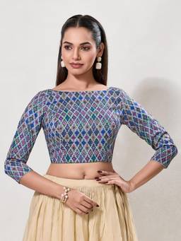 VAMAS - THE DESIGNER BLOUSES - Women Blue Printed Padded Stitched Blouse