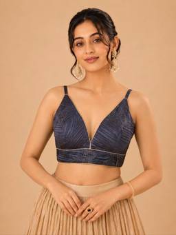 VAMAS - THE DESIGNER BLOUSES - Women Navy Blue Textured Plain Padded Stitched Blouse