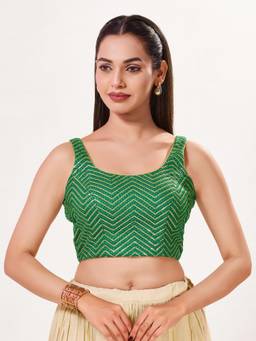VAMAS - THE DESIGNER BLOUSES - Women Green Embroidered Sequined Work Padded Stitched Blouse