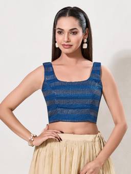 VAMAS - THE DESIGNER BLOUSES - Women Blue Woven Sequined Work Padded Stitched Blouse