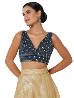 VAMAS - THE DESIGNER BLOUSES - Women Navy Blue Embroidered Sequined Work Padded Stitched Blouse