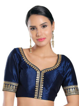 VAMAS - THE DESIGNER BLOUSES - Women Navy Blue Embroidered Sequined Work Padded Stitched Blouse