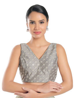 VAMAS - THE DESIGNER BLOUSES - Women Grey Floral Embroidered Padded Stitched Blouse