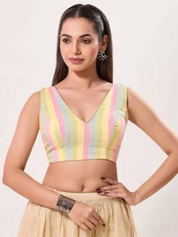 VAMAS - THE DESIGNER BLOUSES - Women Multi-Color Stripes Sequined Work Padded Stitched Blouse