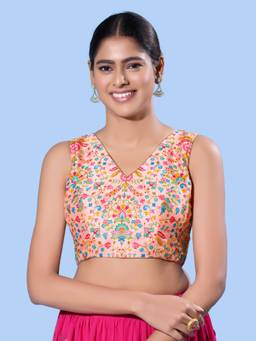 VAMAS - THE DESIGNER BLOUSES - Women Peach Floral Printed Padded Stitched Blouse