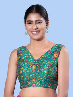 VAMAS - THE DESIGNER BLOUSES - Women Teal Floral Printed Padded Stitched Blouse