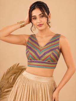 VAMAS - THE DESIGNER BLOUSES - Women Multi-Color Woven Zari Work Padded Stitched Blouse