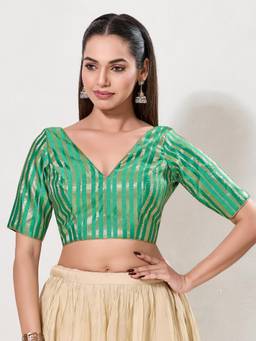 VAMAS - THE DESIGNER BLOUSES - Women Green Woven Zari Work Padded Stitched Blouse