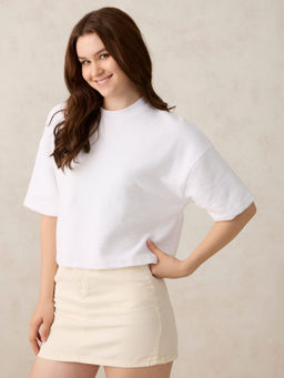 Outzidr - White Cotton Textured Boxy Street Style Top