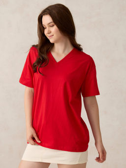 Outzidr - Red Cotton V Neck Solid Oversized Street Wear T-Shirt