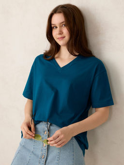 Outzidr - Teal V Neck Solid Oversized T-Shirt