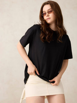 Outzidr - Black Cotton Crew Neck Solid Oversized Street Wear T-Shirt