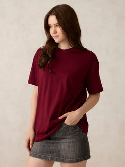 Outzidr - Maroon Cotton Crew Neck Solid Oversized Street Wear T-Shirt